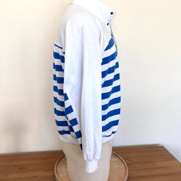 80's Trader Bay Sweatshirt - Polo Pullover - Striped - Blue & White - Size XL - Picture 5 of 7